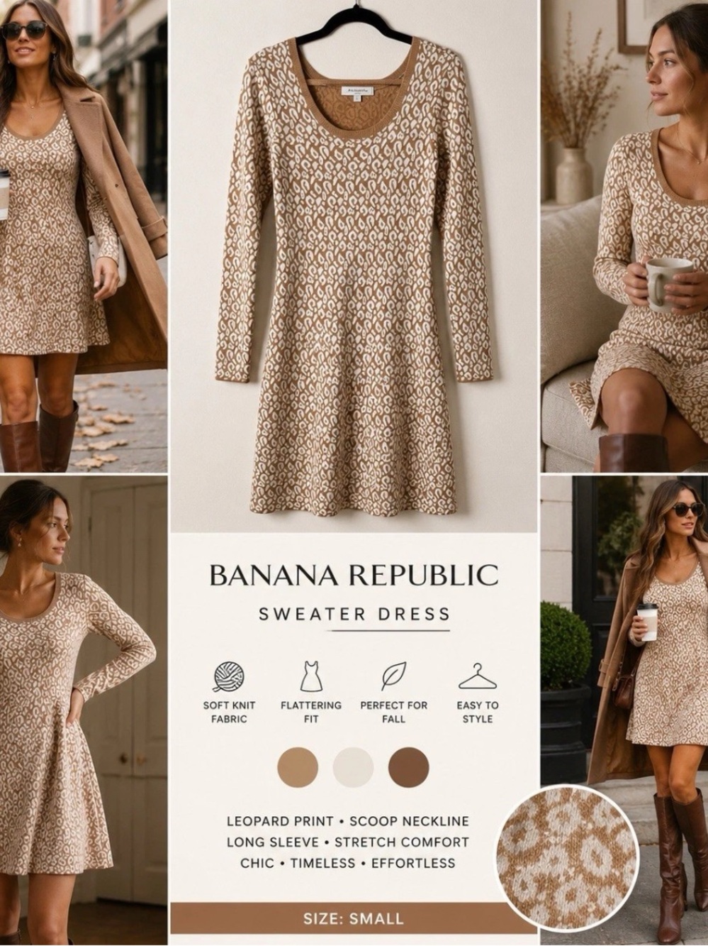 Banana Republic Sweater Dress Small Tan Cream Leopard Print Knit Flare Brunch